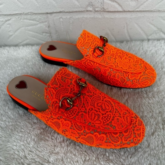 Gucci Shoes - New Gucci Princetown Horsebit Lace Orange Mules Size 37